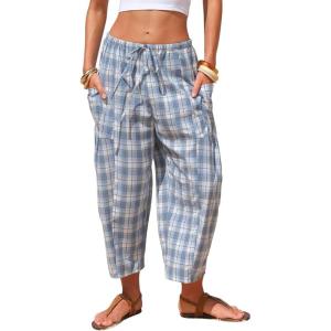 image:imageEXLURA Womens Cotton Faux Linen Gingham Barrel Capri Pants Plaid Palazzo Trousers Harem Pants Pockets Summer Beach VacationBlue White Plaid
