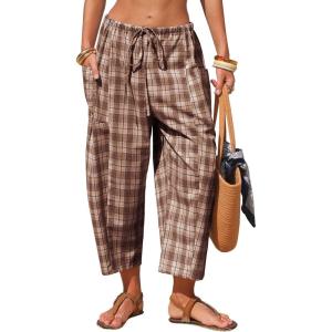 image:imageEXLURA Womens Cotton Faux Linen Gingham Barrel Capri Pants Plaid Palazzo Trousers Harem Pants Pockets Summer Beach VacationBrown Plaid