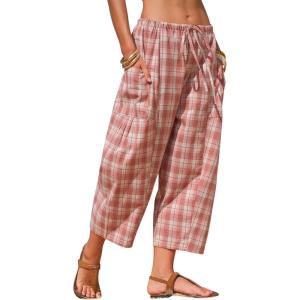 image:imageEXLURA Womens Cotton Faux Linen Gingham Barrel Capri Pants Plaid Palazzo Trousers Harem Pants Pockets Summer Beach VacationPink White Plaid