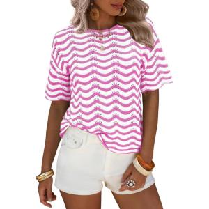 image:imageEXLURA Womens Crochet Tops Short Sleeve Knit Beach Sweater Hollow Out Swimsuit Cover Ups Striped Boho Cruise Vacation ShirtsPink White