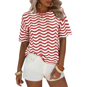 image:imageEXLURA Womens Crochet Tops Short Sleeve Knit Beach Sweater Hollow Out Swimsuit Cover Ups Striped Boho Cruise Vacation ShirtsRed White