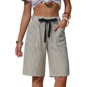 image:imageEXLURA Womens Faux Linen Striped Bermuda Shorts Casual Drawstring Elastic Waist Summer Vacation Beach Shorts with PocketsBlack