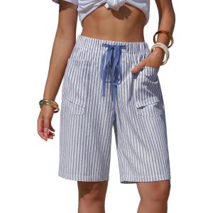 image:imageEXLURA Womens Faux Linen Striped Bermuda Shorts Casual Drawstring Elastic Waist Summer Vacation Beach Shorts with PocketsDeep Blue