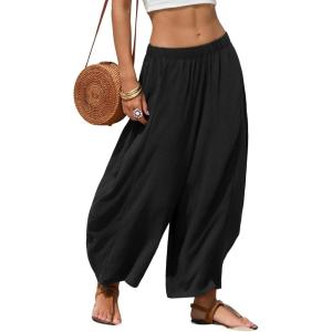 image:imageEXLURA Womens Faux Linen Wide Leg Boho Flowy Pants Summer Palazzo Casual Elastic Waist Baggy Trousers Beach Vacation PocketsBlack