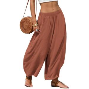 image:imageEXLURA Womens Faux Linen Wide Leg Boho Flowy Pants Summer Palazzo Casual Elastic Waist Baggy Trousers Beach Vacation PocketsCaramel