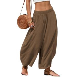 image:imageEXLURA Womens Faux Linen Wide Leg Boho Flowy Pants Summer Palazzo Casual Elastic Waist Baggy Trousers Beach Vacation PocketsCoffee