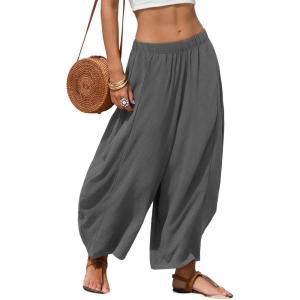 image:imageEXLURA Womens Faux Linen Wide Leg Boho Flowy Pants Summer Palazzo Casual Elastic Waist Baggy Trousers Beach Vacation PocketsGrey