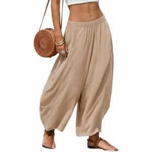 image:imageEXLURA Womens Faux Linen Wide Leg Boho Flowy Pants Summer Palazzo Casual Elastic Waist Baggy Trousers Beach Vacation PocketsKhaki