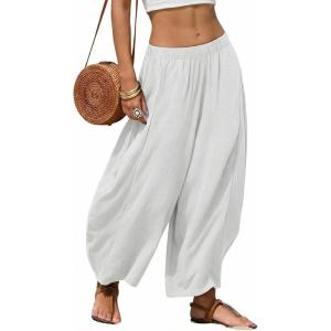 image:imageEXLURA Womens Faux Linen Wide Leg Boho Flowy Pants Summer Palazzo Casual Elastic Waist Baggy Trousers Beach Vacation PocketsWhite