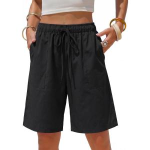 image:imageEXLURA Womens Striped Bermuda Shorts Casual Cotton Linen Shorts Elastic Drawstring Summer Beach Vacation Shorts PocketsBlack