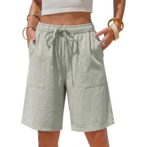 image:imageEXLURA Womens Striped Bermuda Shorts Casual Cotton Linen Shorts Elastic Drawstring Summer Beach Vacation Shorts PocketsGrey Green