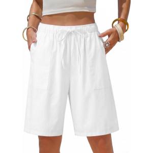 image:imageEXLURA Womens Striped Bermuda Shorts Casual Cotton Linen Shorts Elastic Drawstring Summer Beach Vacation Shorts PocketsWhite