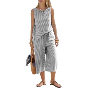 image:imageEXLURA Womens Summer 100 Cotton 2 Piece Outfits Striped Sleeveless Top Capri Wide Leg Pants Sets Faux Linen Travel BeachBlack