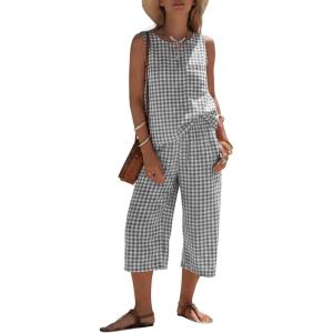 image:imageEXLURA Womens Summer 100 Cotton 2 Piece Outfits Striped Sleeveless Top Capri Wide Leg Pants Sets Faux Linen Travel BeachBlack White Plaid