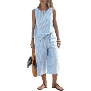 image:imageEXLURA Womens Summer 100 Cotton 2 Piece Outfits Striped Sleeveless Top Capri Wide Leg Pants Sets Faux Linen Travel BeachBlue