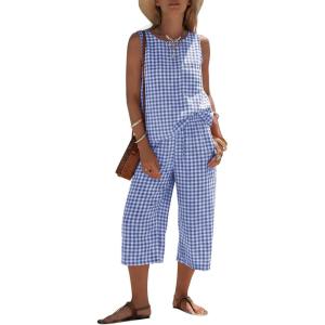 image:imageEXLURA Womens Summer 100 Cotton 2 Piece Outfits Striped Sleeveless Top Capri Wide Leg Pants Sets Faux Linen Travel BeachBlue White Plaid