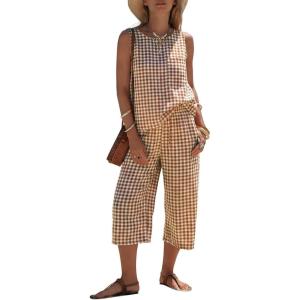 image:imageEXLURA Womens Summer 100 Cotton 2 Piece Outfits Striped Sleeveless Top Capri Wide Leg Pants Sets Faux Linen Travel BeachBrown White Plaid