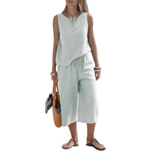 image:imageEXLURA Womens Summer 100 Cotton 2 Piece Outfits Striped Sleeveless Top Capri Wide Leg Pants Sets Faux Linen Travel BeachGreen