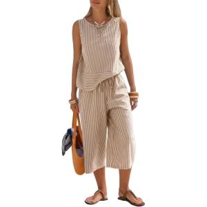 image:imageEXLURA Womens Summer 100 Cotton 2 Piece Outfits Striped Sleeveless Top Capri Wide Leg Pants Sets Faux Linen Travel BeachKhaki