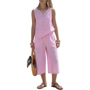 image:imageEXLURA Womens Summer 100 Cotton 2 Piece Outfits Striped Sleeveless Top Capri Wide Leg Pants Sets Faux Linen Travel BeachPink