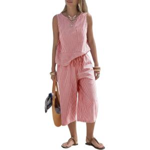 image:imageEXLURA Womens Summer 100 Cotton 2 Piece Outfits Striped Sleeveless Top Capri Wide Leg Pants Sets Faux Linen Travel BeachRed