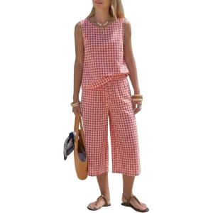 image:imageEXLURA Womens Summer 100 Cotton 2 Piece Outfits Striped Sleeveless Top Capri Wide Leg Pants Sets Faux Linen Travel BeachRed White Plaid
