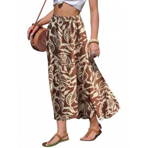 image:imageEXLURA Womens Summer Elastic Waist Floral Print Maxi Long Skirt Midi Flowy Skirt Spring Boho Beach Vacation Outfits PocketsBrown Floral