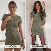 image:imageEXLURA Womens Cotton 2 Piece Skort Sets Summer Short Sleeve Button Down Shirts Matching Tennis Skirt Travel Vacation OutfitsArmy Green