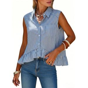 image:imageEXLURA Women Summer Top 100 Cotton Faux Linen Sleeveless Shirts Cropped Peplum Tops Casual Striped Work Blouses Beach TravelBlue Stripe