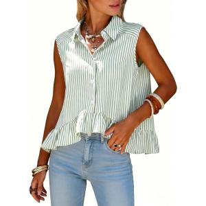 image:imageEXLURA Women Summer Top 100 Cotton Faux Linen Sleeveless Shirts Cropped Peplum Tops Casual Striped Work Blouses Beach TravelGreen Stripe