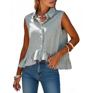 image:imageEXLURA Women Summer Top 100 Cotton Faux Linen Sleeveless Shirts Cropped Peplum Tops Casual Striped Work Blouses Beach TravelOlive Green Stripe