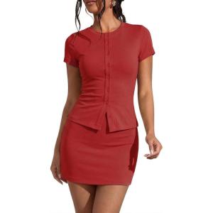 image:imageEXLURA Womens Cotton 2 Piece Skort Sets Summer Short Sleeve Button Down Shirts Matching Tennis Skirt Travel Vacation OutfitsRed