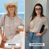 image:imageEXLURA Womens Summer Striped Crochet Tops Short Sleeve Knit Boho Top Hollow Out Beach Sweater Lightweight Vacation ShirtsApricot White