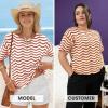 image:imageEXLURA Womens Summer Striped Crochet Tops Short Sleeve Knit Boho Top Hollow Out Beach Sweater Lightweight Vacation ShirtsCaramel White
