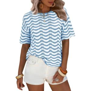 image:imageEXLURA Womens Summer Striped Crochet Tops Short Sleeve Knit Boho Top Hollow Out Beach Sweater Lightweight Vacation ShirtsBlue White
