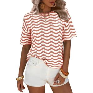 image:imageEXLURA Womens Summer Striped Crochet Tops Short Sleeve Knit Boho Top Hollow Out Beach Sweater Lightweight Vacation ShirtsCaramel White