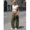image:imageEXLURA Womens Faux Linen Barrel Pants Comfy Baggy Wide Leg Palazzo Pant Summer Cotton MidLow Elastic Waist Trousers PocketsArmy Green
