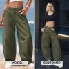image:imageEXLURA Womens Faux Linen Barrel Pants Comfy Baggy Wide Leg Palazzo Pant Summer Cotton MidLow Elastic Waist Trousers PocketsArmy Green