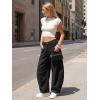 image:imageEXLURA Womens Faux Linen Barrel Pants Comfy Baggy Wide Leg Palazzo Pant Summer Cotton MidLow Elastic Waist Trousers PocketsBlack