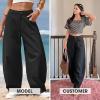 image:imageEXLURA Womens Faux Linen Barrel Pants Comfy Baggy Wide Leg Palazzo Pant Summer Cotton MidLow Elastic Waist Trousers PocketsBlack
