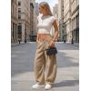 image:imageEXLURA Womens Faux Linen Barrel Pants Comfy Baggy Wide Leg Palazzo Pant Summer Cotton MidLow Elastic Waist Trousers PocketsKhaki