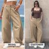 image:imageEXLURA Womens Faux Linen Barrel Pants Comfy Baggy Wide Leg Palazzo Pant Summer Cotton MidLow Elastic Waist Trousers PocketsKhaki