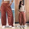 image:imageEXLURA Womens Faux Linen Barrel Pants Comfy Baggy Wide Leg Palazzo Pant Summer Cotton MidLow Elastic Waist Trousers PocketsMaroon
