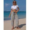 image:imageEXLURA Womens Faux Linen Striped Barrel Pants Comfy Drawstring Capri Pant with Pockets Summer Beach Vacation Lounge TrousersBlack Plaid