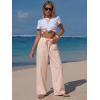 image:imageEXLURA Womens Summer Striped Pants Faux Linen Comfy Drawstring Wide Leg Pants Pockets Resort Beach Vacation Lounge TrousersApricot