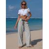 image:imageEXLURA Womens Summer Striped Pants Faux Linen Comfy Drawstring Wide Leg Pants Pockets Resort Beach Vacation Lounge TrousersBlack