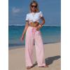 image:imageEXLURA Womens Summer Striped Pants Faux Linen Comfy Drawstring Wide Leg Pants Pockets Resort Beach Vacation Lounge TrousersPink