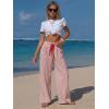 image:imageEXLURA Womens Summer Striped Pants Faux Linen Comfy Drawstring Wide Leg Pants Pockets Resort Beach Vacation Lounge TrousersRed