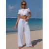 image:imageEXLURA Womens Summer Striped Pants Faux Linen Comfy Drawstring Wide Leg Pants Pockets Resort Beach Vacation Lounge TrousersSky Blue