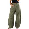 image:imageEXLURA Womens Faux Linen Barrel Pants Comfy Baggy Wide Leg Palazzo Pant Summer Cotton MidLow Elastic Waist Trousers PocketsArmy Green